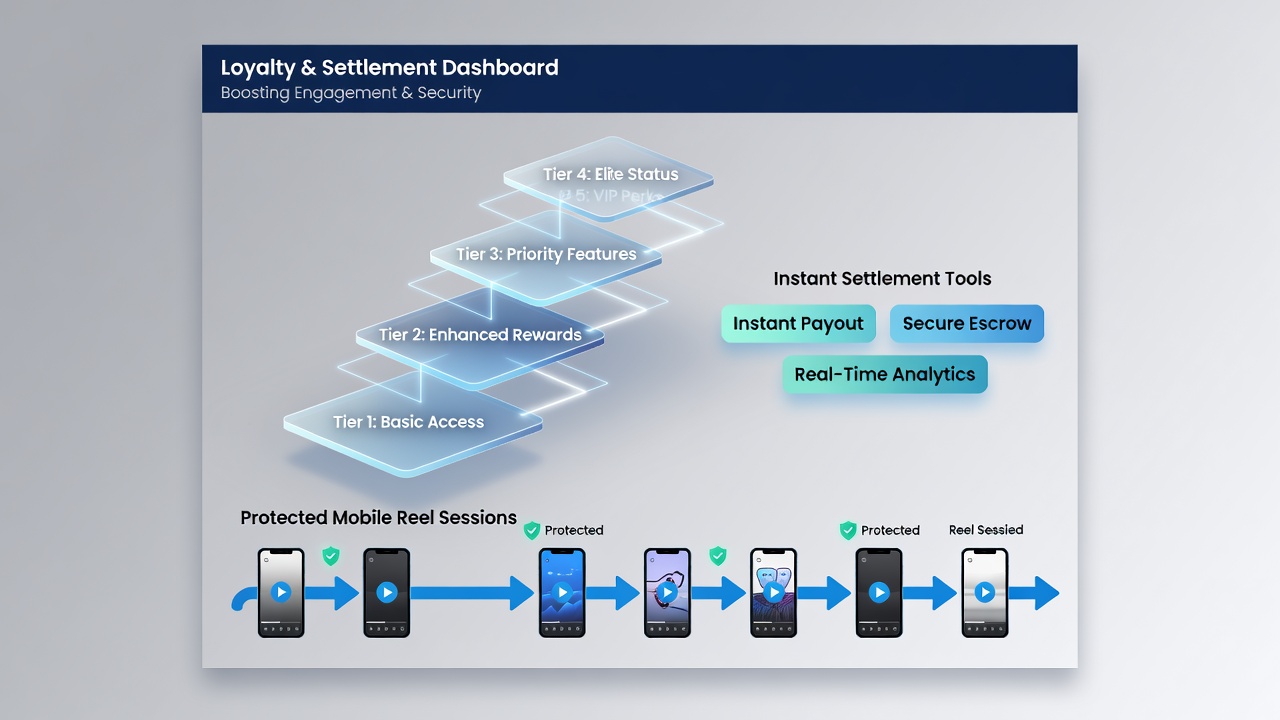 Illustration von synchronisierten mobilen Reel-Sessions und Live-Sportwetten mit integrierten Treue- und Abrechnungstools
