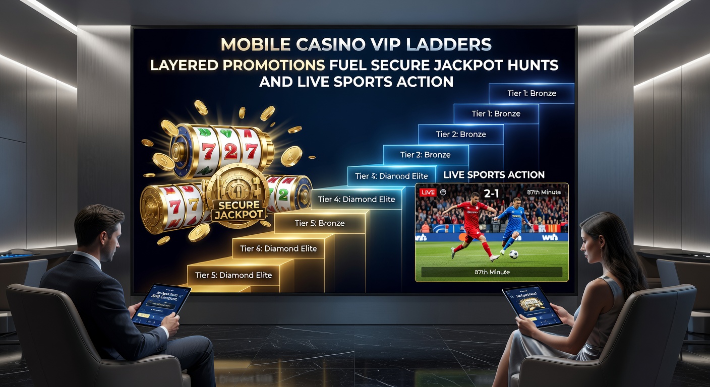 VIP-Spieler auf VIP-Leiter, mit Jackpot-Symbolen, Sportwetten-Overlay und Promotion-Bannern auf einem Tablet-Display